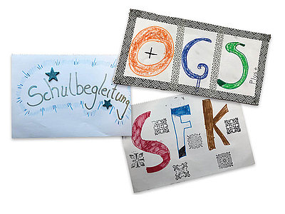 Gemalte Karten mit Text: SFK, OGS, Schulbegleitung
